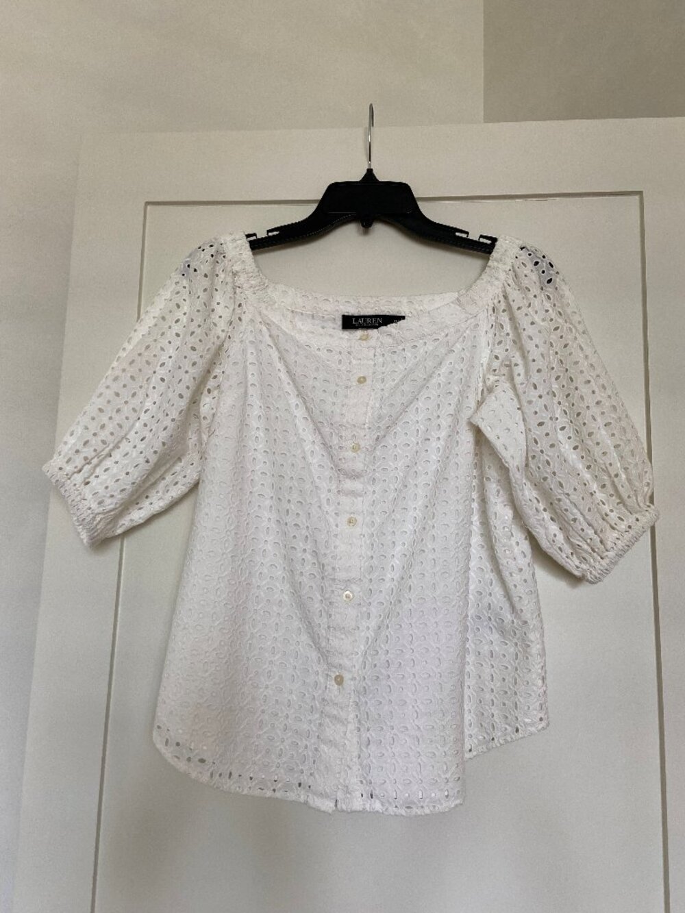 Lauren Ralph Lauren White Eyelet Off‑Shoulder Puff Sleeve Cotton Blouse SP